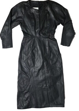 Vintage Laurice Black Leather Puffy Shoulder Midi Dress Sz S/M Genuine Leather